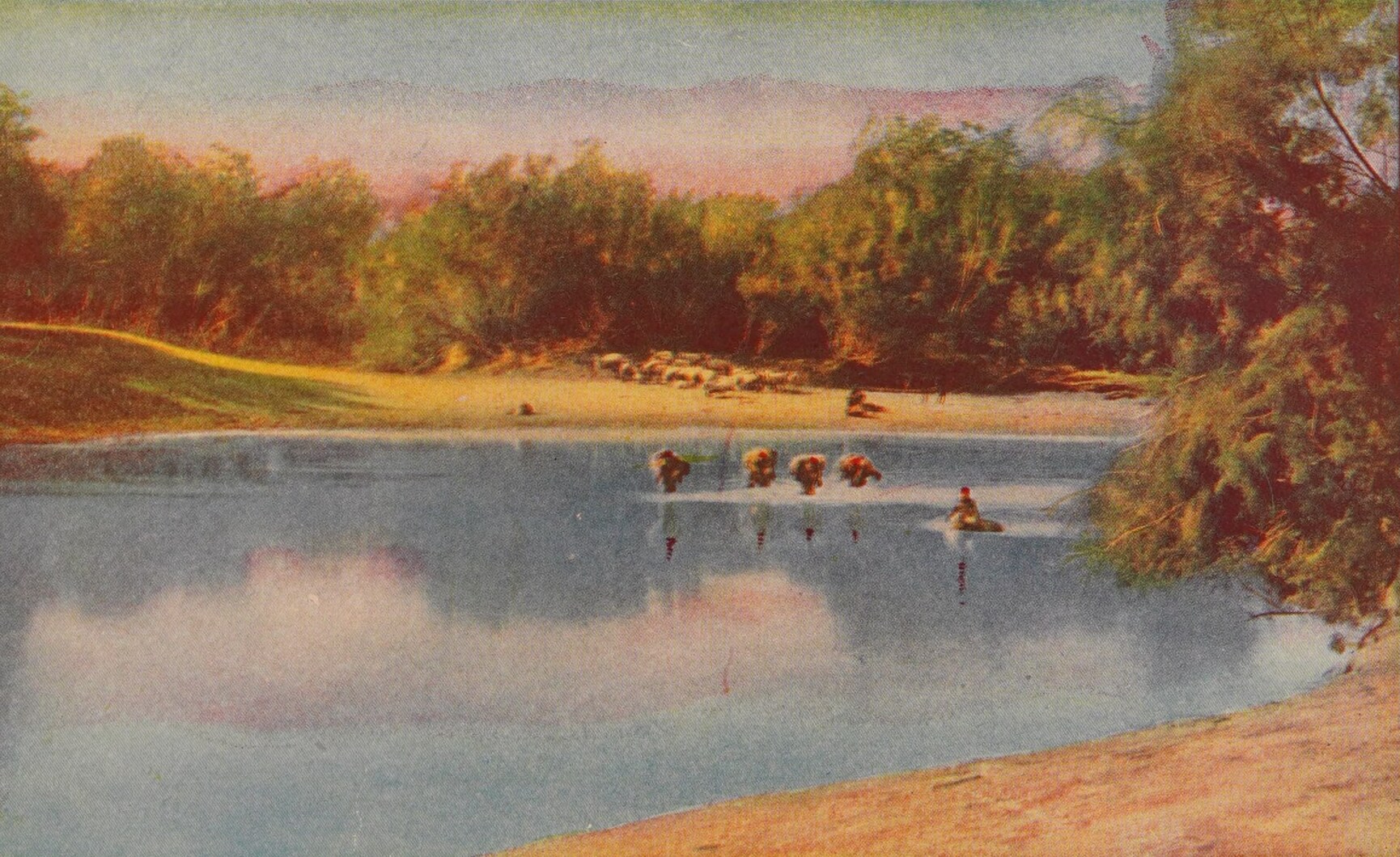 Shepherds and their flock beside the Jordan, in a historical illustration